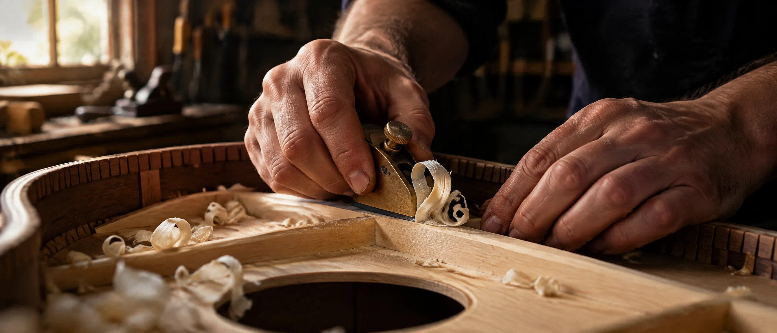 Hands shaving a spruce brace inside a guitar top with a small brass plane; pale curls of wood around it.