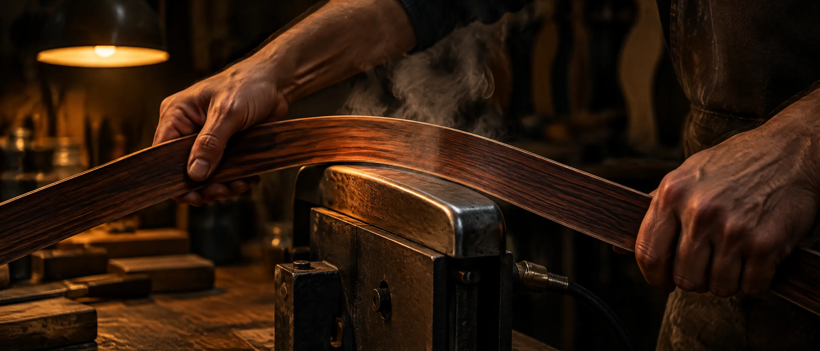 Hands bending a thin rosewood guitar side over a hot iron, steam rising, one lamp lit.