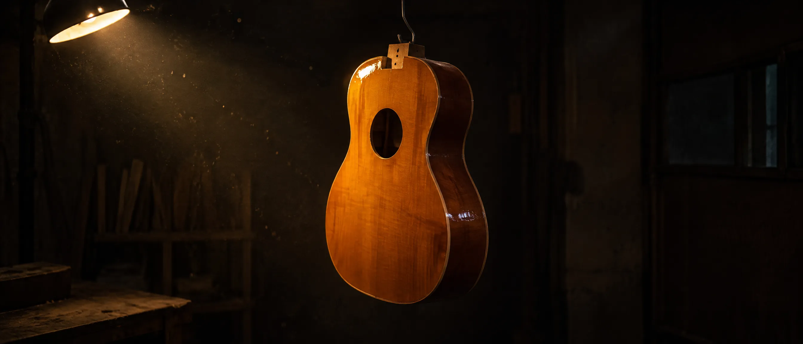 An unfinished acoustic guitar body in fresh lacquer, hanging from a hook under one warm lamp.