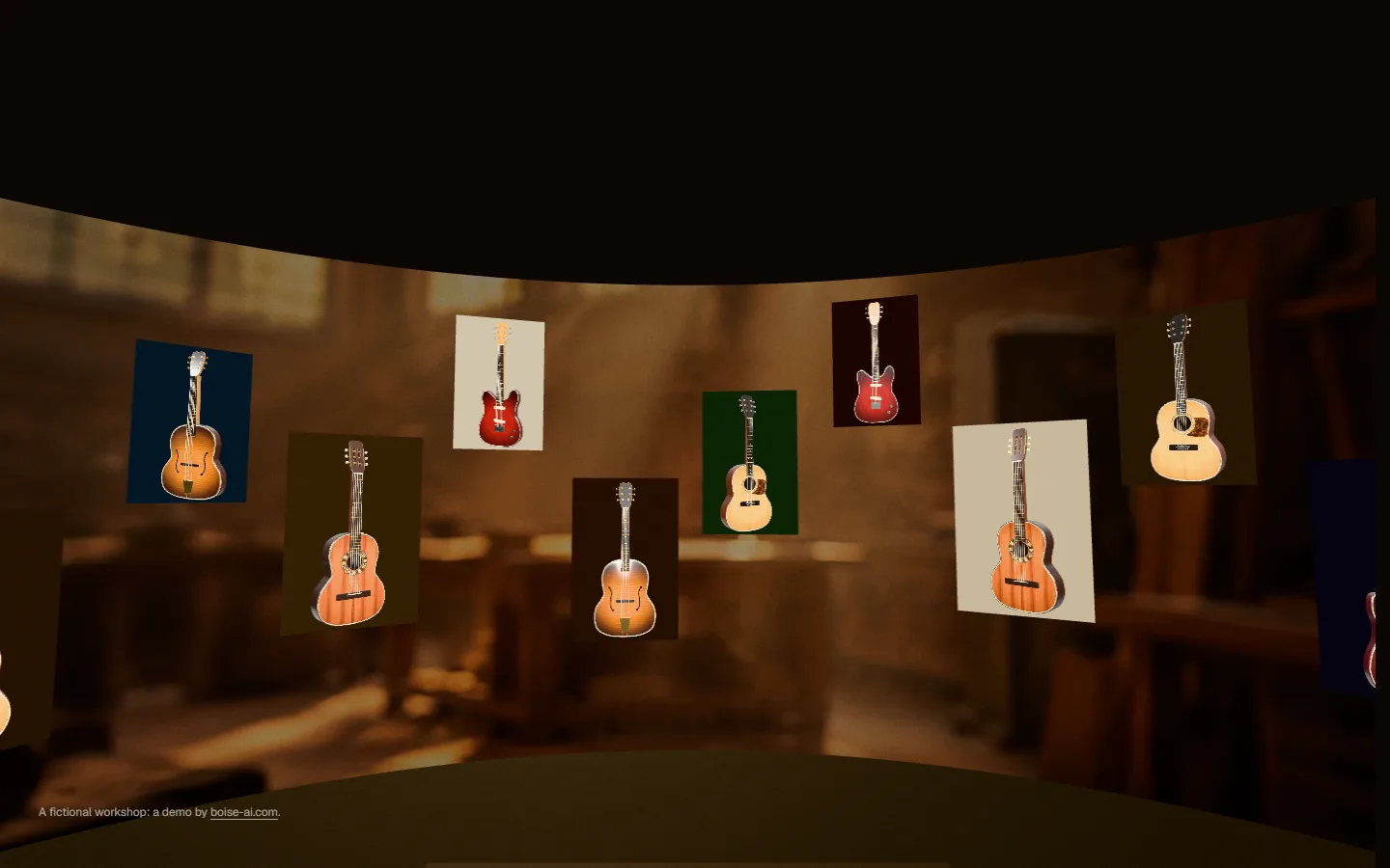 Portraits of finished guitars floating in an arc above a long bench.