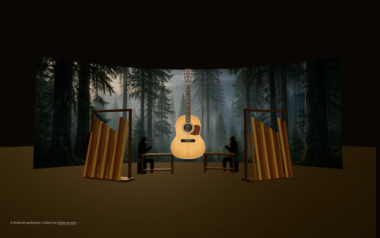 A steel-string flat-top guitar with a pale spruce top, standing before racks of tonewood and a misty spruce forest.
