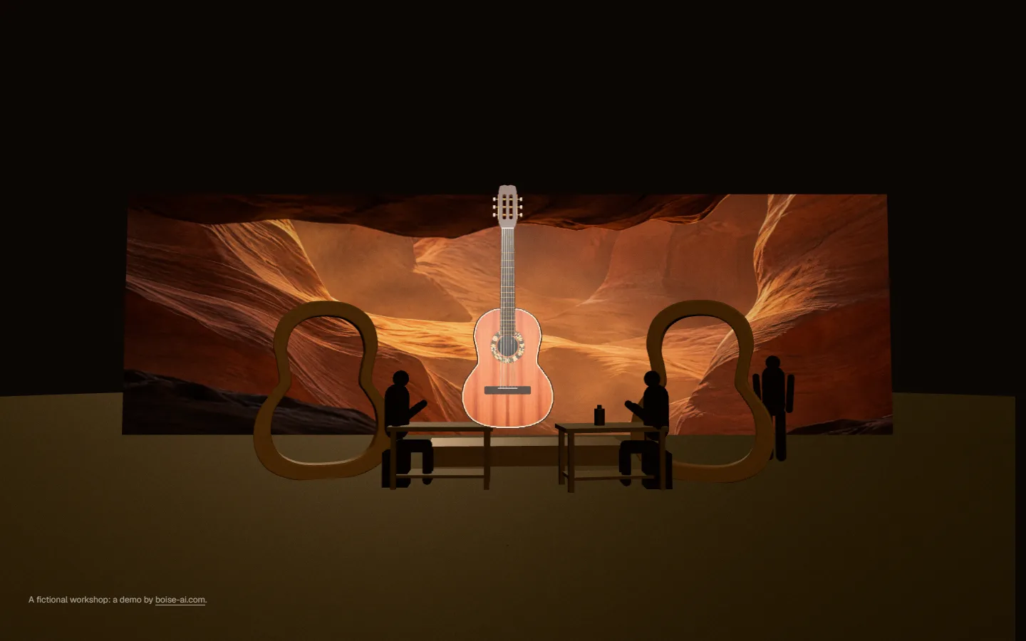 A classical guitar with a cedar top and a slotted headstock, between two tall side moulds in front of an ochre canyon.