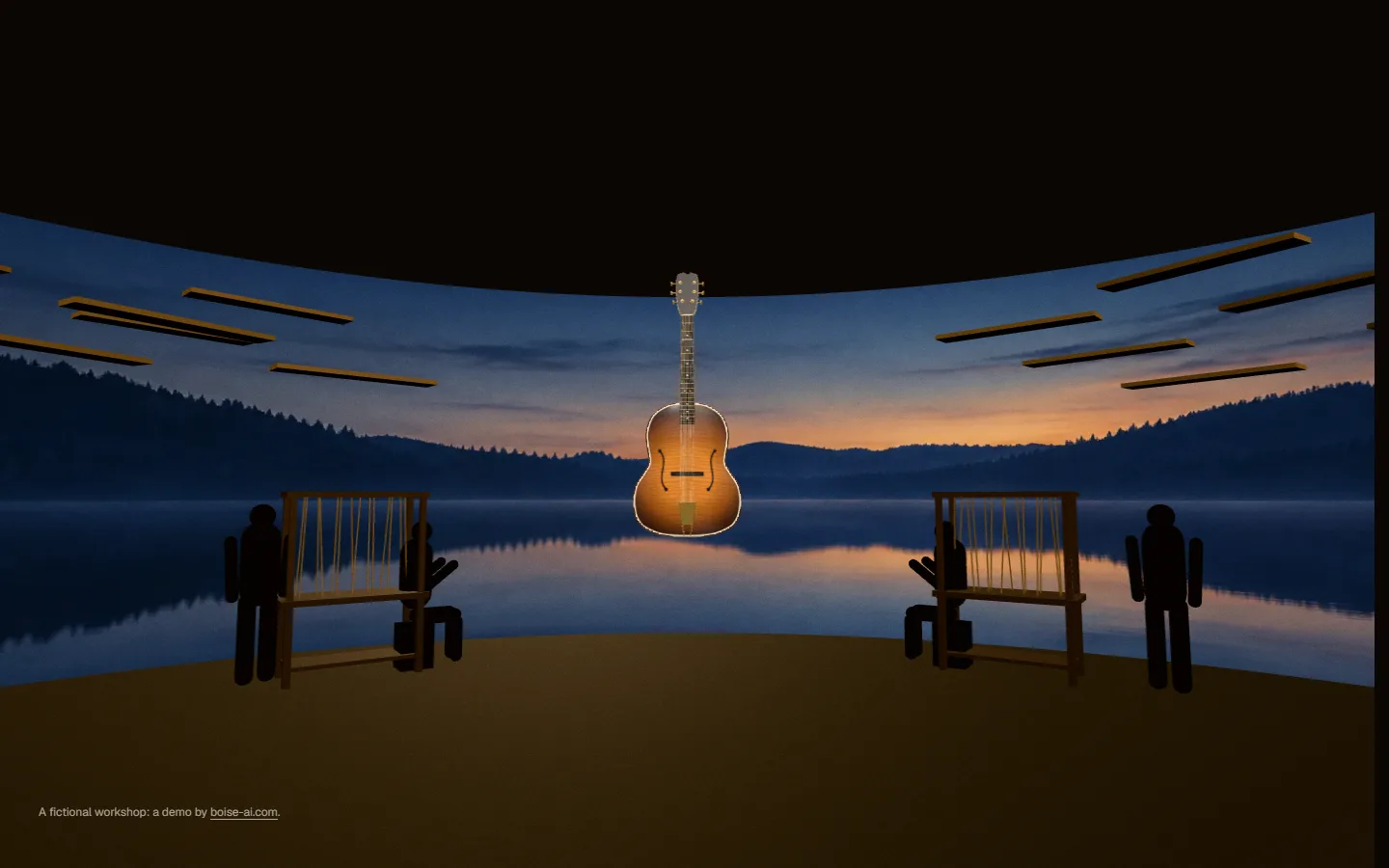 Close up, an archtop guitar with a carved flamed-maple sunburst top and f-holes, before a blue dusk lake.