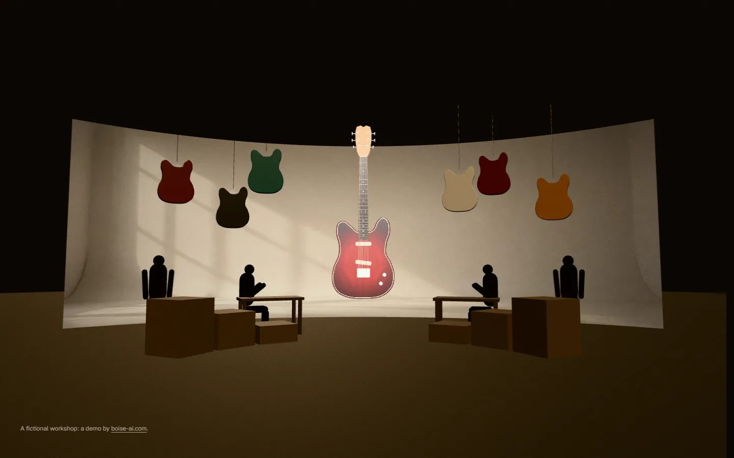 A solid-body electric guitar in translucent oxblood over ash grain, in a pale studio with lacquered bodies hanging to dry.